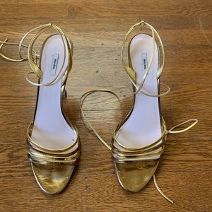 Miu Miu Metallic Gold Leather Ankle Wrap Sandals